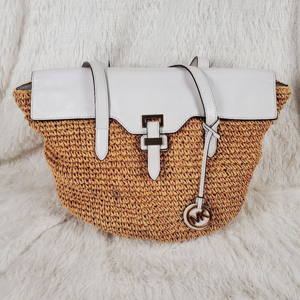 Michael Kors Naomi Large Raffia Straw Tote Bag White Leather Beach Summer